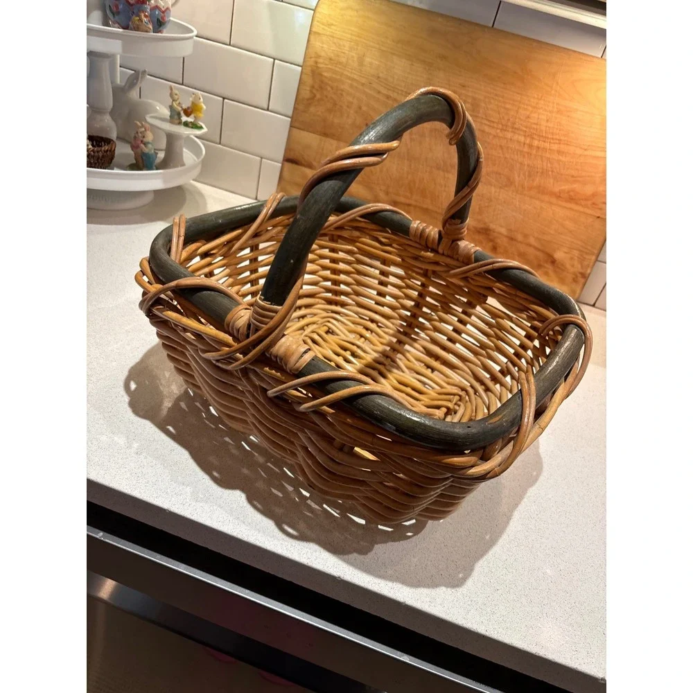 Vintage Woven Wicker Picnic Basket Two-Tone Green Handle Rectangular Farmhouse